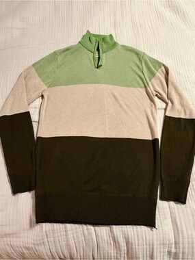 Boy’s Lightweight Colorblock Half-Zip Sweater in Light Green, Beige & Brown Sz L